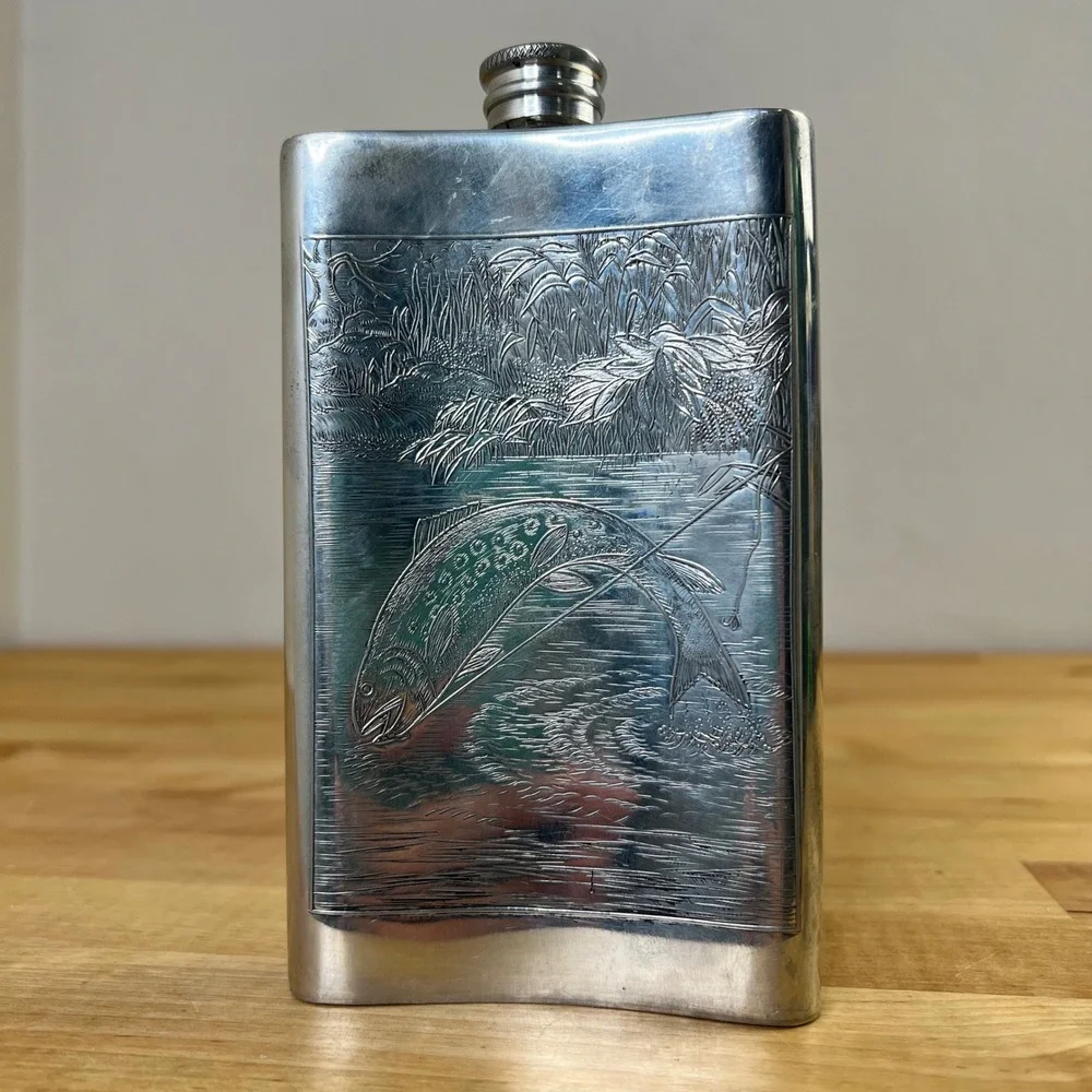 Orvis Hip Flask Fly Fishing Scene 8oz Silver Tone Sheffield England Vintage